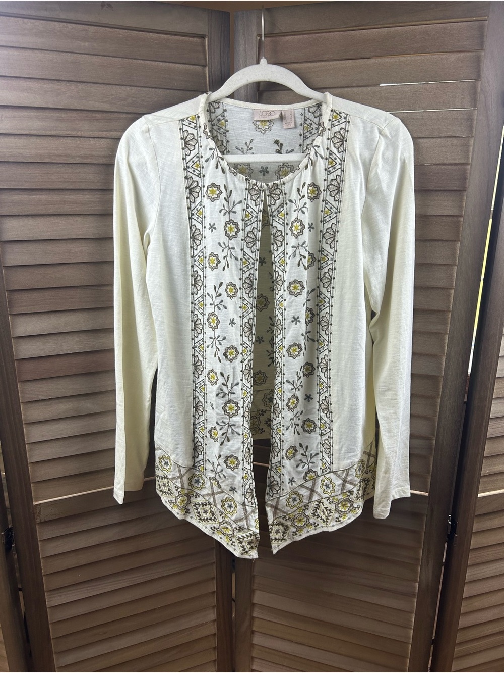 LOGO by Lori Goldstein Women’s Medium Embroidered Open Front Cardigan Ivory